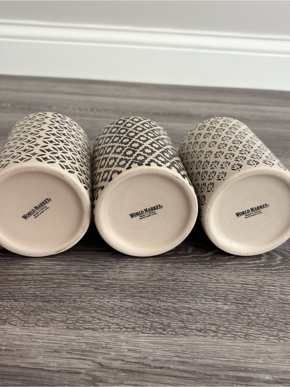 World Market Ceramic Canisters with Cork Lid Black & Cream Pattern Set of 3 - Picture 3 of 6